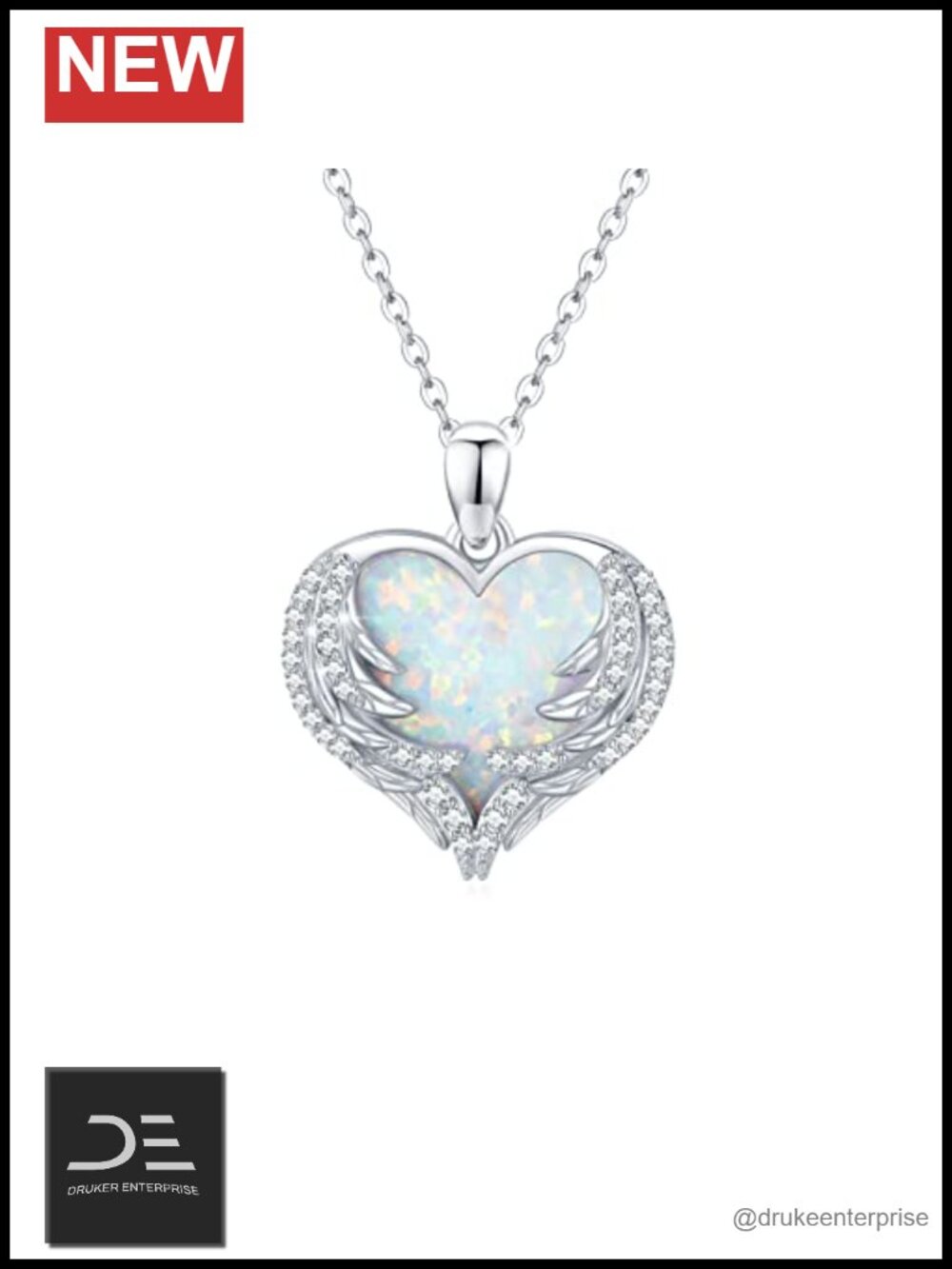 925 Sterling Silver Angel Wing Heart Opal Pendant Necklace Adjustable Chain